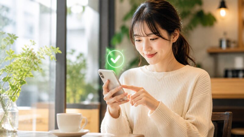 カフェで安心してスマホを操作し、安全な設定の確認と解除を実践している若い日本人の女性