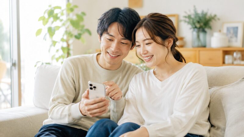 リビングで笑顔でスマホを見る若い男女、正しい知識でネットの不安が解消された安心感のある日常