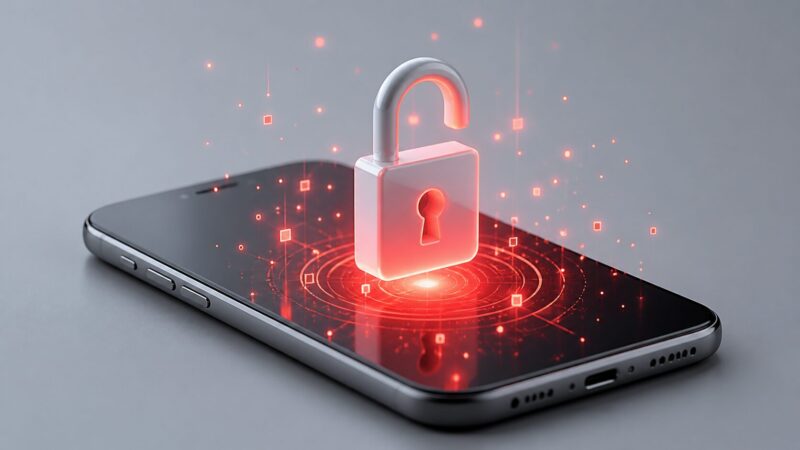 スマートフォンと開いた南京錠のアイコンで、フルアクセス許可によるセキュリティリスクの罠を表現したイメージ