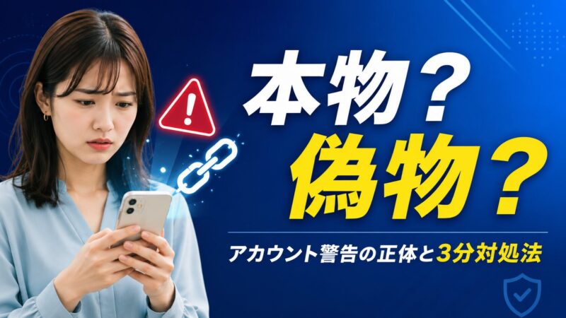 スマートフォンに表示された「アカウントで異常なアクティビティが検出されました」という警告を見て困惑する女性。本物か偽物かを3分で見分ける方法を解説する記事のアイキャッチ画像