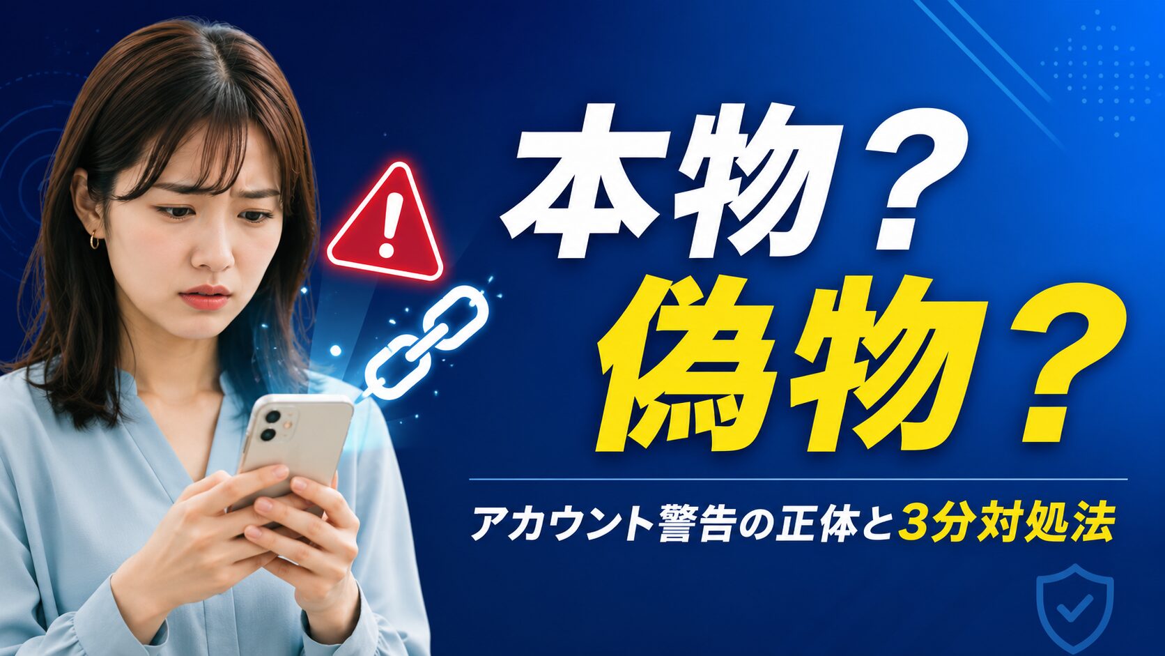 スマートフォンに表示された「アカウントで異常なアクティビティが検出されました」という警告を見て困惑する女性。本物か偽物かを3分で見分ける方法を解説する記事のアイキャッチ画像