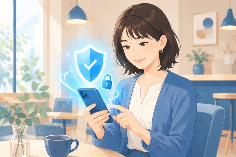 スマートフォンで落ち着いてアカウントの安全確認をする女性のイメージ画像。警告への正しい初動対応を表現。