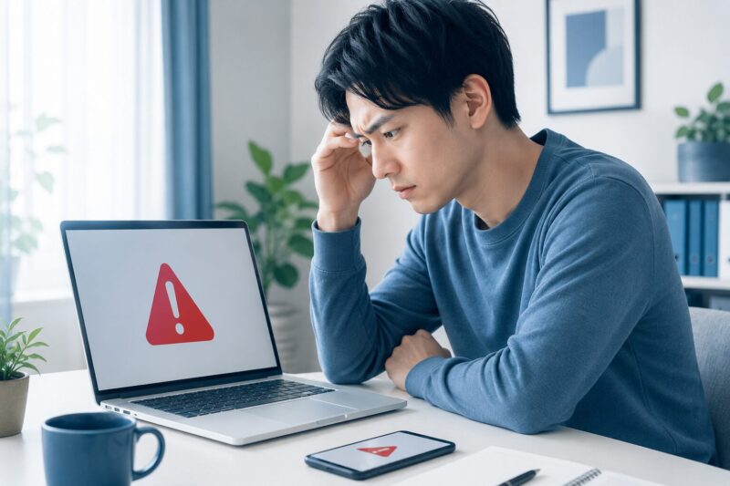 パソコンとスマホの両方に表示された異常なアクティビティ警告を見て不安そうな表情を浮かべる男性のイメージ画像。