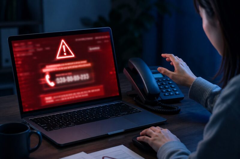 パソコンに偽のセキュリティ警告画面が表示され、電話に手を伸ばしかけて躊躇する女性のイメージ画像。サポート詐欺の典型例を表現。