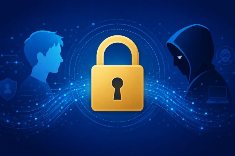 鍵マークの背後で一般ユーザーと詐欺師が向き合う概念図。httpsの暗号化はサイトの安全性を保証しないことを視覚的に表現。