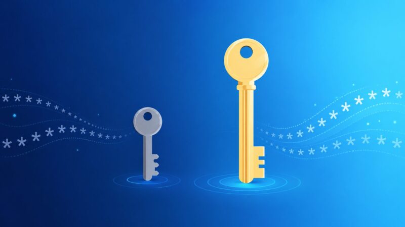 短い鍵と長い鍵を並べた概念図。NIST推奨のパスワードは「複雑さ」より「長さ」が重要であることを視覚的に表現