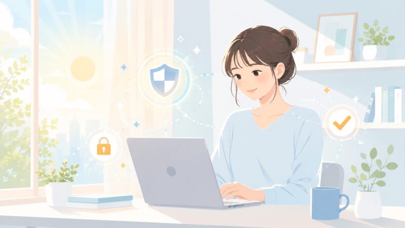 窓辺で穏やかな表情でパソコンを操作する女性。アカウントを正しく守れた安心感と、安全なネットライフを象徴するイメージ画像。