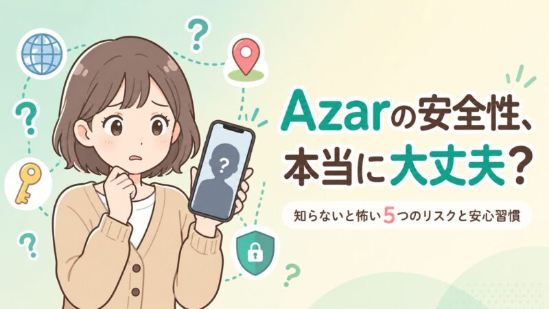 Azarの安全性に不安を感じる女性がスマホを見つめるイラスト。知らないと怖い5つのリスクと安心して使う習慣を解説する記事のアイキャッチ画像。