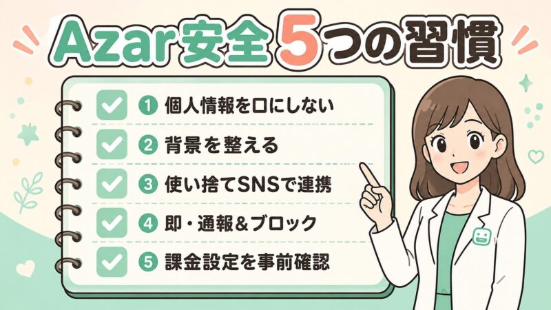 Azarを安全に使うための5つの習慣をチェックリスト形式で示すイラスト。個人情報を伏せる、背景を整える、使い捨てSNS連携、通報ブロック、課金確認の5項目。