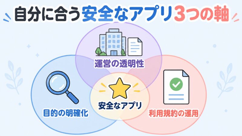自分に合う安全なアプリを選ぶ3つの軸をベン図で表現。目的の明確化、運営の透明性、利用規約の運用の3軸が重なる中心が安全なアプリ選びの条件。