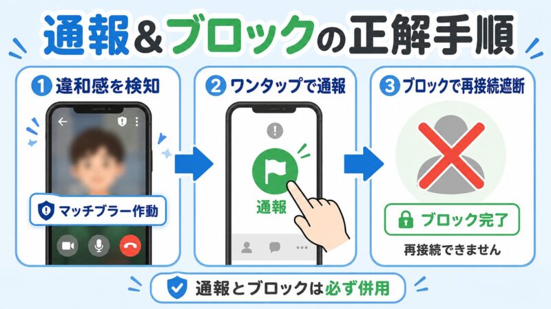 Azarの通報・ブロック機能の使い方をフロー図で解説。マッチブラーで違和感検知、ワンタップ通報、ブロックで再接続遮断の3ステップを視覚化。