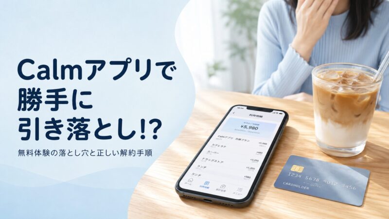 Calmアプリで勝手に引き落としされた明細を見て驚く女性のイメージ。無料体験から自動更新に切り替わる仕組みと、iPhone・Androidの解約手順、返金リクエストの方法を解説する記事のアイキャッチ画像。