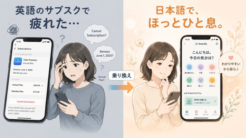 英語UIの海外瞑想アプリで疲れた女性が、日本語UIのメンタルヘルスケアアプリAwarefyに乗り換えてほっと安心する様子を対比で表現したイラスト。