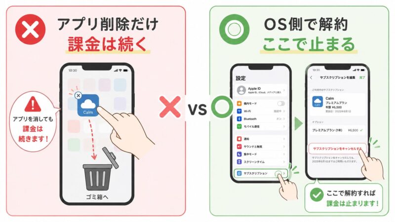 Calmアプリは「削除しただけでは課金が止まらず、OS側のサブスクリプション管理画面から解約する必要がある」ことを示す対比イラスト。