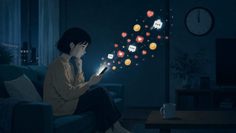 深夜にDarkアプリを開きスマホに次々届く大量メッセージと課金通知に戸惑う女性のイラスト。無料アプリの裏に潜む高額課金やサクラの仕組みを象徴。