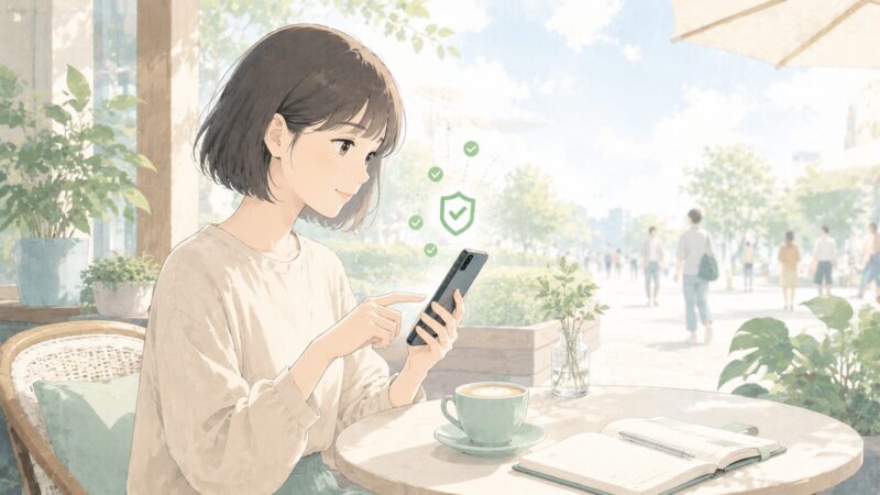 Darkアプリのリスクを理解し安全な判断ができるようになった女性が、カフェでリラックスしてスマホを使うイラスト。匿名チャットやマッチング系アプリと賢く付き合う姿を象徴。