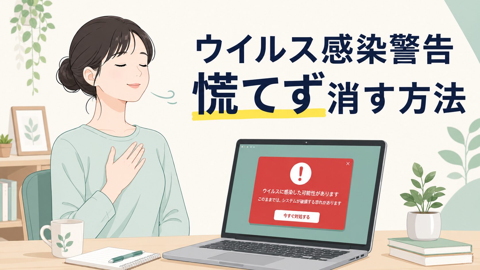 パソコン画面に表示された赤い偽ウイルス警告を前に、深呼吸して冷静に対処しようとする女性のイラスト。記事タイトル「ウイルス感染警告 慌てず消す方法」のキャッチコピー付き。
