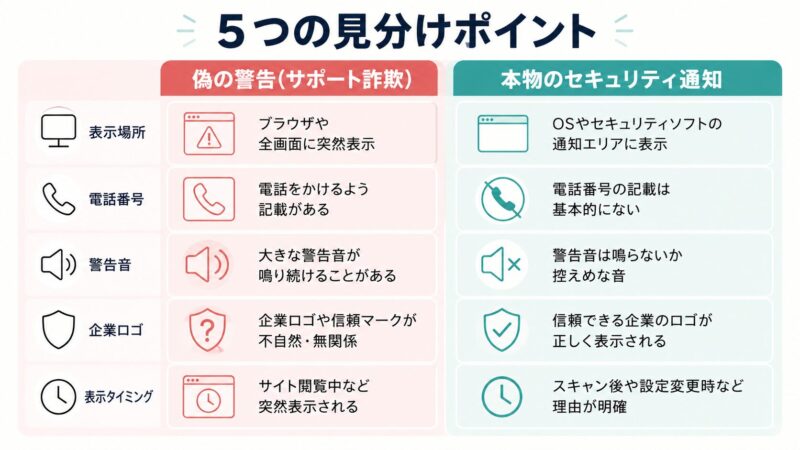 偽の警告(サポート詐欺)と本物のセキュリティ通知を、表示場所・電話番号・警告音・企業ロゴ・表示タイミングの5項目で比較した横長インフォグラフィック。