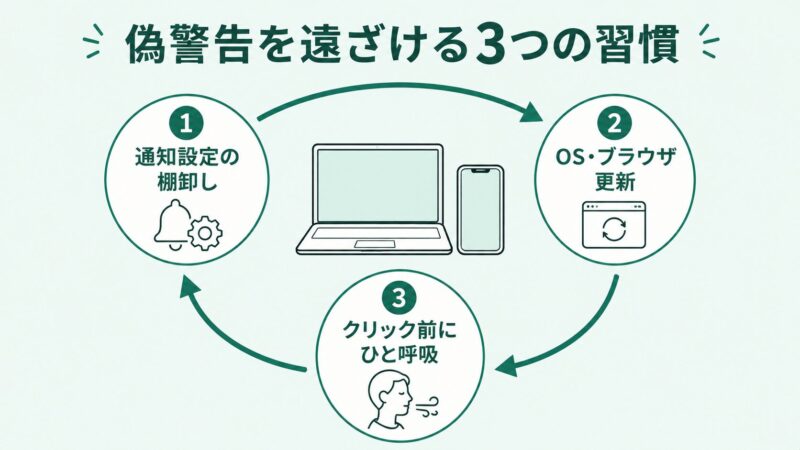 偽ウイルス警告の再発を防ぐ3つの習慣「通知設定の棚卸し・OSとブラウザの更新・クリック前にひと呼吸」を循環する図解で示した横長インフォグラフィック。