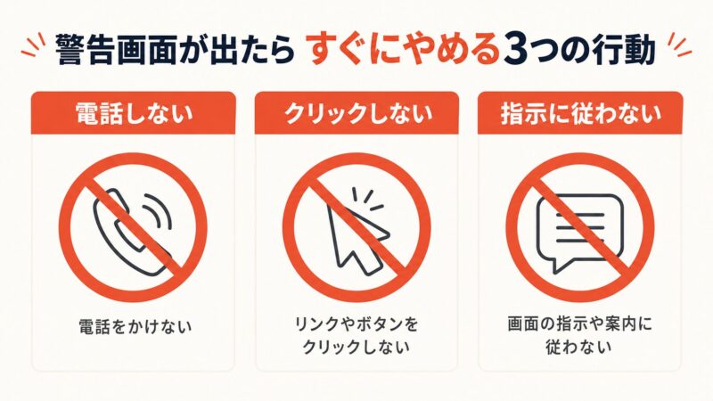偽ウイルス警告が表示されたら絶対にやってはいけない3原則「電話しない・クリックしない・指示に従わない」を赤い禁止マーク付きで示した横長図解。
