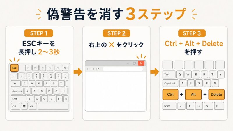 Windowsで偽の警告画面を強制終了する3ステップ「ESCキー長押し→×ボタンクリック→Ctrl+Alt+Delete」をキーボードのハイライト付きで解説した横長手順図。