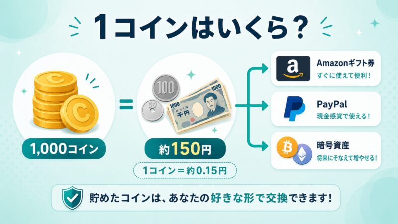 Freecashのコインの価値と換金の仕組みを表す図解。貯めたコインが日本円に換算され、Amazonギフト券やPayPal、暗号資産に交換できる流れを示したイラスト。
