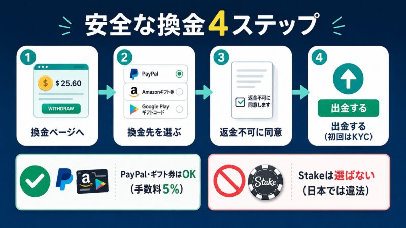 Freecashの安全な換金4ステップの図解。残高確認から出金までの流れと、PayPalやギフト券を選びStake（カジノ）は避けるべきという注意点を表現。