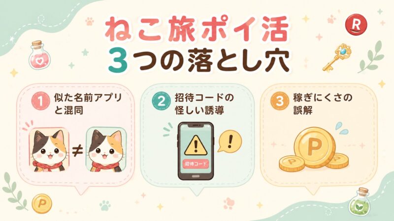 ねこ旅ポイ活で初心者がつまずきやすい3つの落とし穴を視覚化した図解。アプリの混同、招待コードの誘導、稼ぎにくさの誤解について吹き出し形式でわかりやすく整理しています。