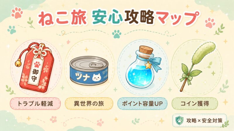 ねこ旅のお守り・ツナ缶・エキスの瓶・ねこじゃらしの効果を一覧で整理したアイテム攻略マップ。各アイテムの役割を視覚的に示し、安全に進めるための見取り図として機能します。