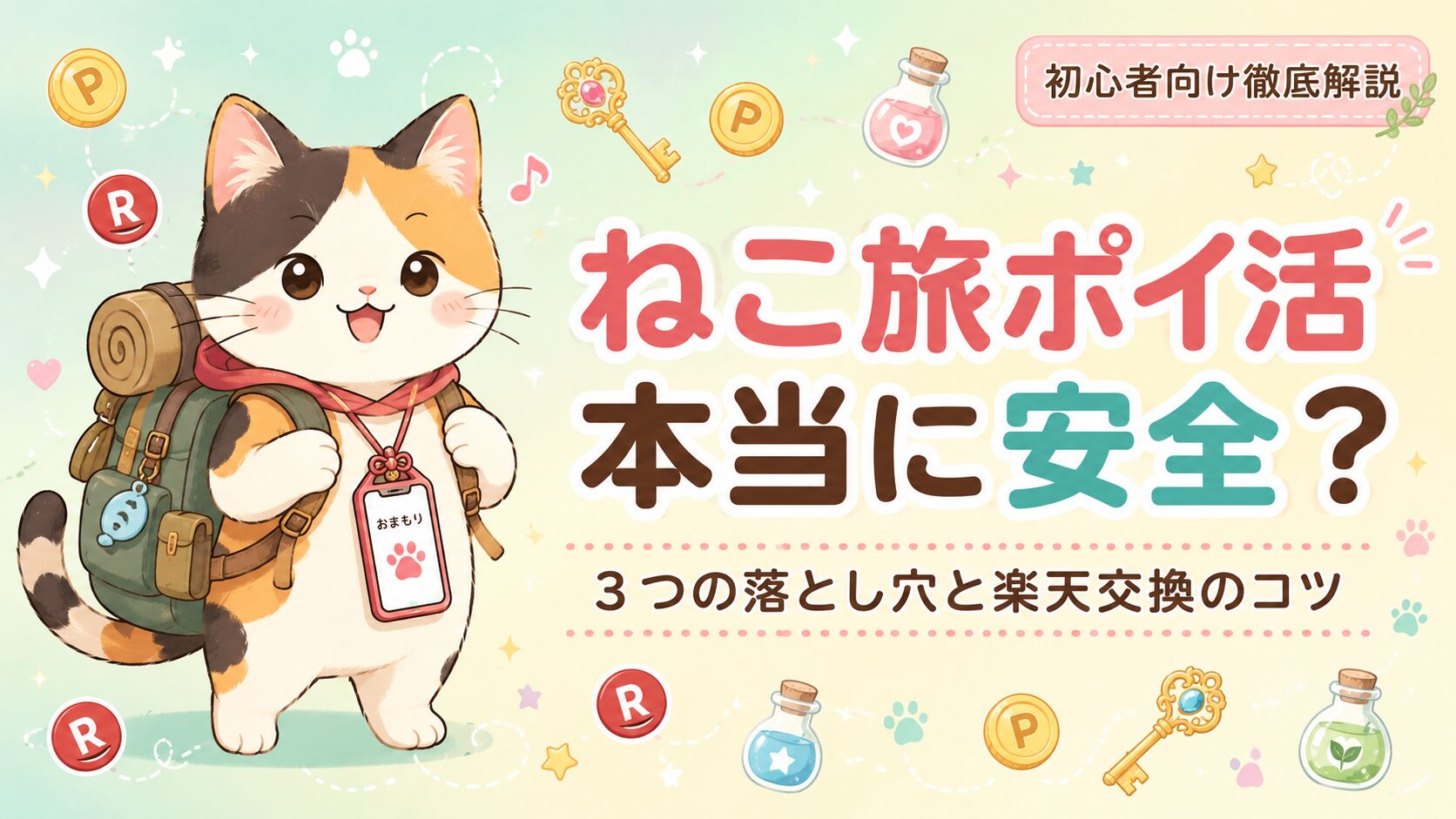 ねこ旅ポイ活の安全性を解説するアイキャッチ画像。ツナ缶・お守りなどのアイコンを配置し、3つの落とし穴と交換のコツを学べる初心者向けガイドであることを表現しています。