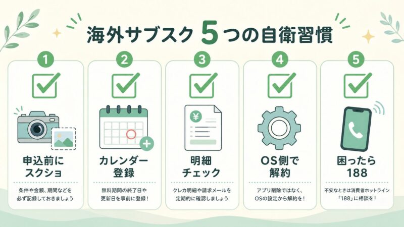 海外サブスクから自分を守る5つの自衛習慣(スクショ・カレンダー登録・明細チェック・OS側で解約・188に相談)をチェックリスト形式でまとめたインフォグラフィック。