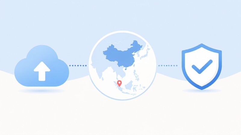 PikPakの運営元・ファイル共有との違い・プライバシーの3つの安全性ポイントを、クラウド・アジア地図・盾アイコンで横長に図解したセクション扉画像。