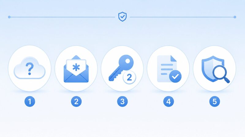 PikPakを安全に使うための5つのポイント（仕組み理解・サブメール・二段階認証・合法ファイル・端末スキャン）を円形アイコンで横並びに図解したまとめ画像。