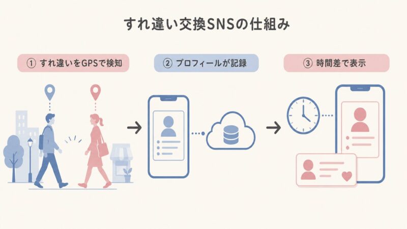SwayアプリのGPS検知・プロフィール記録・時間差表示という3ステップの仕組みを示したインフォグラフィック。すれ違い交換SNSの動作原理を視覚的に解説。