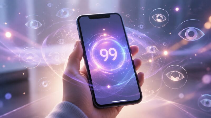 増える数字が表示されたスマホを取り囲む、目のような抽象的なシンボル。whooの閲覧数を見て過剰に意識してしまう心理状態(カクテルパーティー効果)を表現。