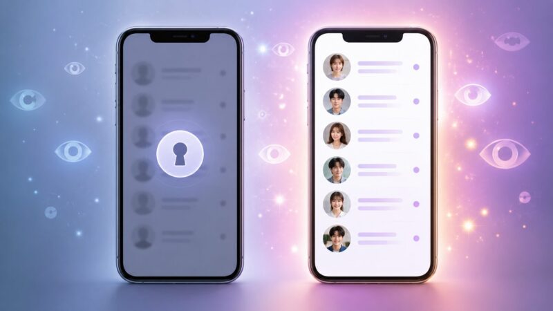 2台のスマホの比較画像。左はロックされてぼやけたリスト、右はユーザーアイコンがクリアに表示されたリストで、whooの有料サブスクでできることを示している。