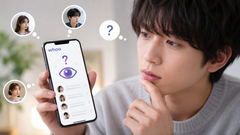 スマホのwhooアプリ画面を、疑問と好奇心を持って覗き込む若い男性。画面には疑問符と目のアイコンが表示され、周囲に小さなユーザーアイコンが浮かんでいる。
