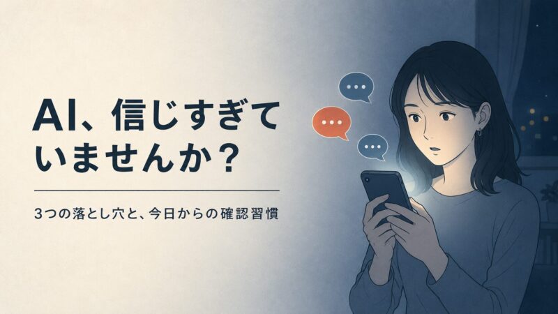 暗い部屋でスマホを見る女性と「AI、信じすぎていませんか？」の文字。AIを信用しすぎて起きる3つの落とし穴と確認習慣を解説する記事のアイキャッチ画像。
