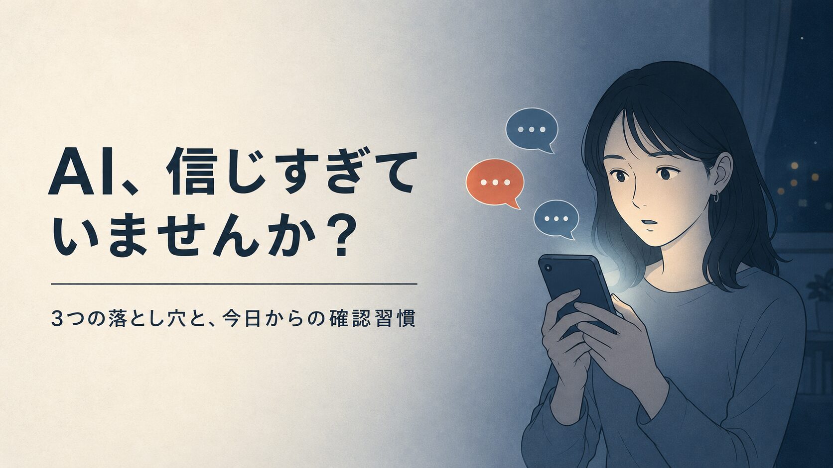暗い部屋でスマホを見る女性と「AI、信じすぎていませんか？」の文字。AIを信用しすぎて起きる3つの落とし穴と確認習慣を解説する記事のアイキャッチ画像。