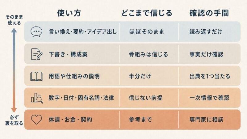 AIの回答をどこまで信じるかを用途別に5段階で示した表。要約やアイデア出しはそのまま使え、数字や法律、健康やお金の判断は一次情報や専門家の確認が必要。