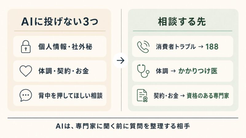 AIに聞いてはいけない3つの質問と代わりの相談先を並べた図。個人情報や健康・お金の判断は避け、消費者ホットライン188やかかりつけ医、専門家に相談する。