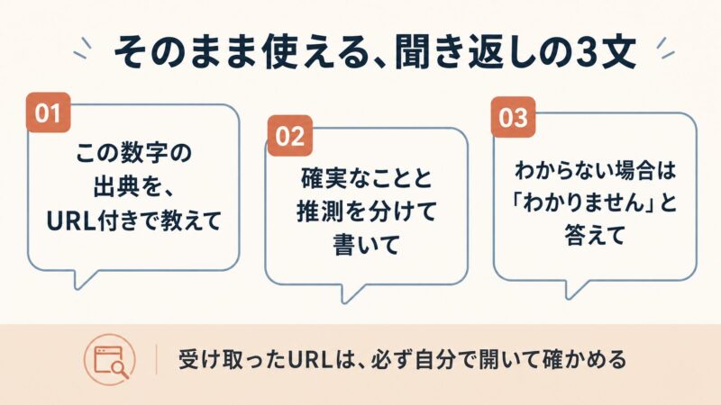 AIに出典を聞き返すときのそのまま使える3つの文例カード。URL付きの出典依頼、推測との区別、わからないと答える許可の3つを示す。