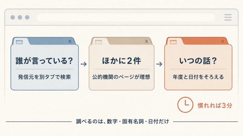 横読みで裏を取る3ステップの図解。発信元を調べる、ほかに2件さがす、日付を確認するの順にタブを開いて確認する方法を示す。