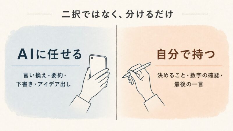 AIに任せる作業と自分で持つ判断を境界線で分けた図。要約や下書きは任せ、決めることと数字の確認は自分で行うという記事のまとめを示す。