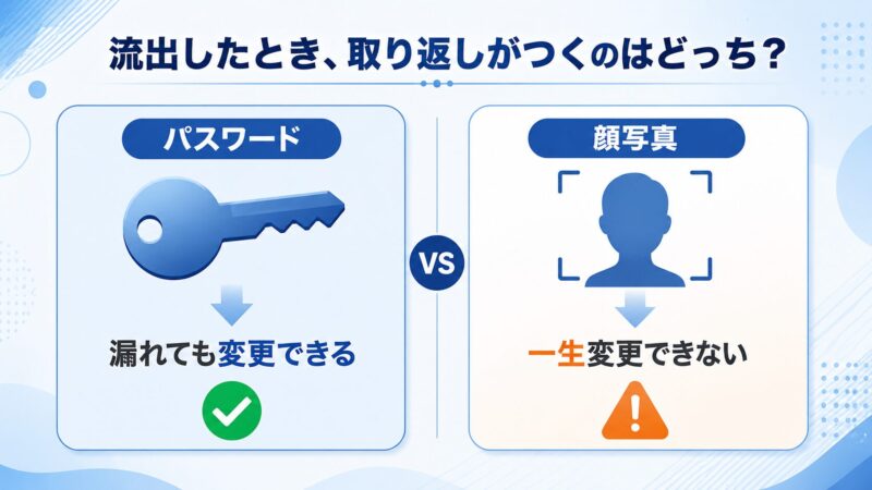 パスワードと顔写真の流出リスク比較図。パスワードは変更できるが顔写真は一生変更できないことを示すイラスト