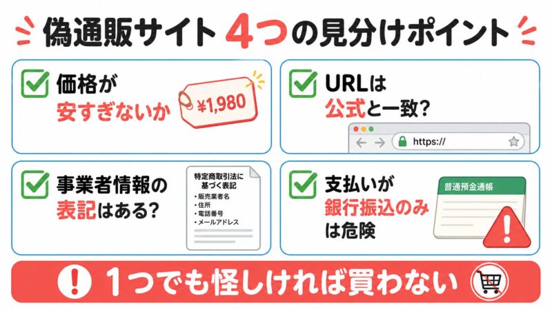 ボンボンドロップシールの偽通販サイトを見分ける4つのチェックポイント。価格・URL・事業者情報・支払い方法を確認し、1つでも怪しければ購入しない