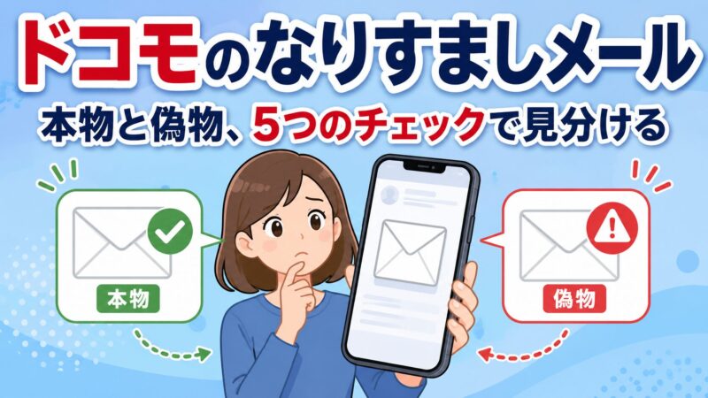 ドコモのなりすましメールを表すイラスト。スマホから本物と偽物の2通のメールが飛び出し、女性が見分け方に悩んでいる様子。5つのチェックで真偽を判断できることを示すアイキャッチ画像。