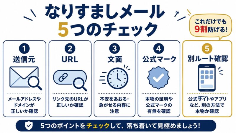 なりすましメールを見抜く5つのチェックの図解。送信元・URL・文面・公式マーク・別ルート確認の5項目を並べ、リンクを踏まず公式アプリから確認する5番目が最重要であることを強調している。