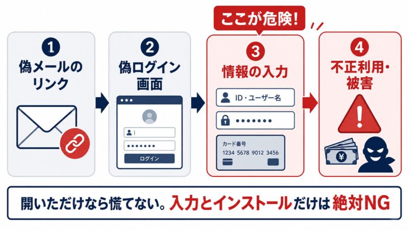偽メールのリンクを開いてから被害に至る流れの図解。リンク→偽ログイン画面→情報入力→不正利用の4段階で、危険なのは情報の入力とアプリのインストールであることを示す。