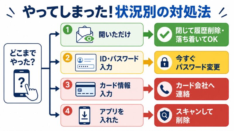 なりすましメールを開いた後の状況別対処フローチャート。開いただけ・パスワード入力・カード情報入力・アプリインストールの4状況ごとに、最初にすべき対処を緊急度の色分きで示している。